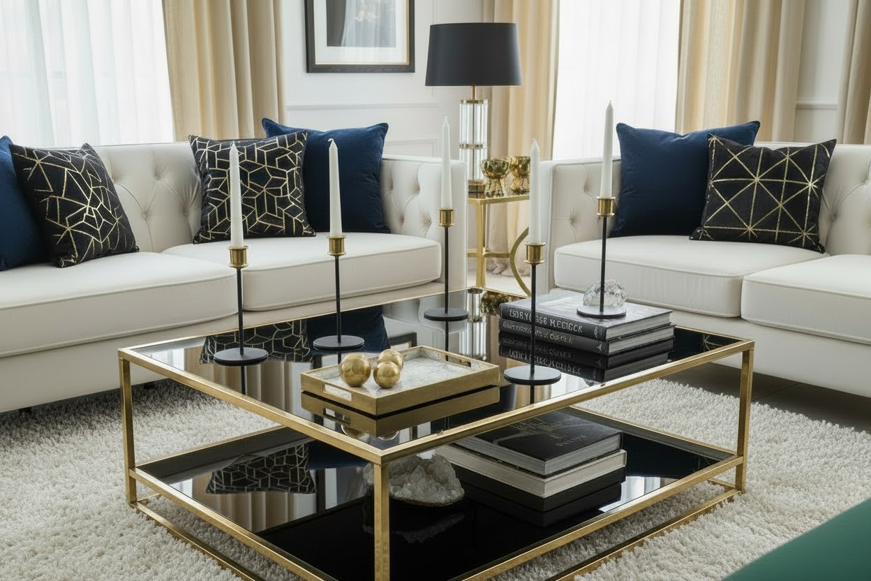 Elegant Brushed Metal Gold & Black Candlestick Holders - Set of 6