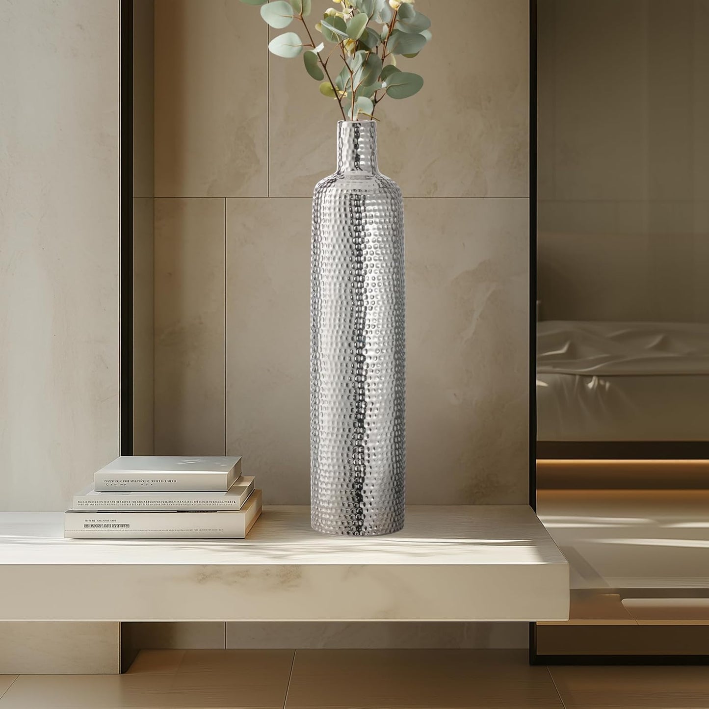 Contemporary Hammered Silver Ceramic Vase 19”