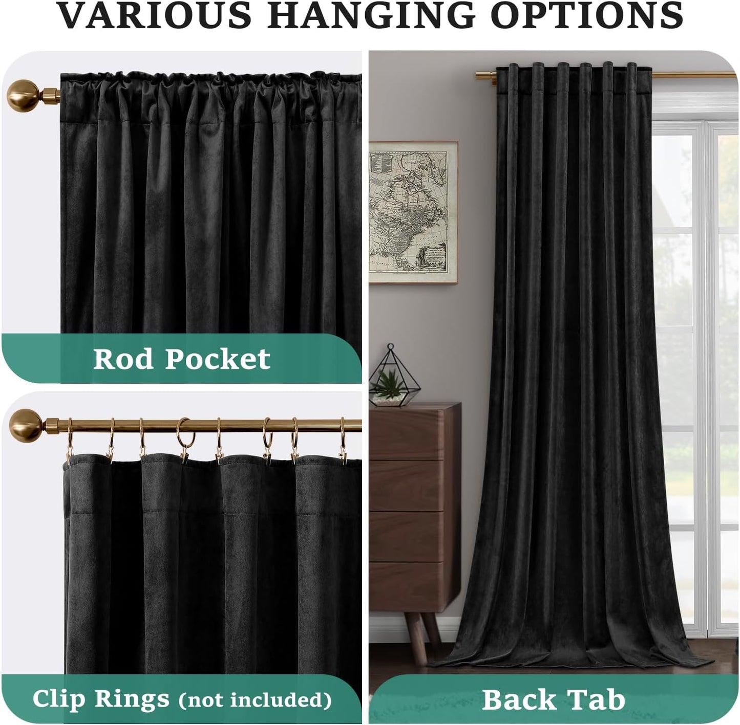 Black Velvet Blackout Curtains - 2 Panels 52 X 108 Inches