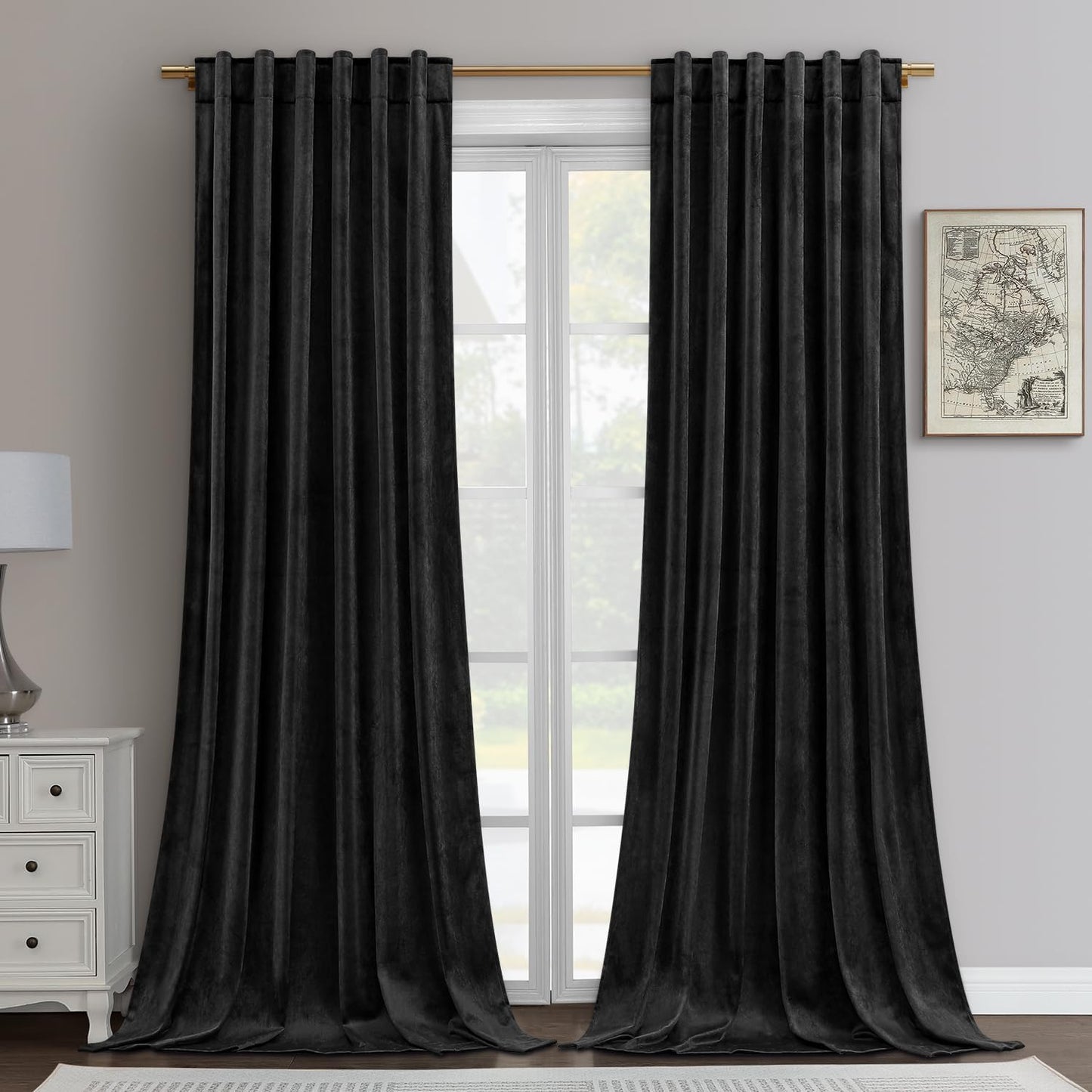 Black Velvet Blackout Curtains - 2 Panels 52 X 108 Inches