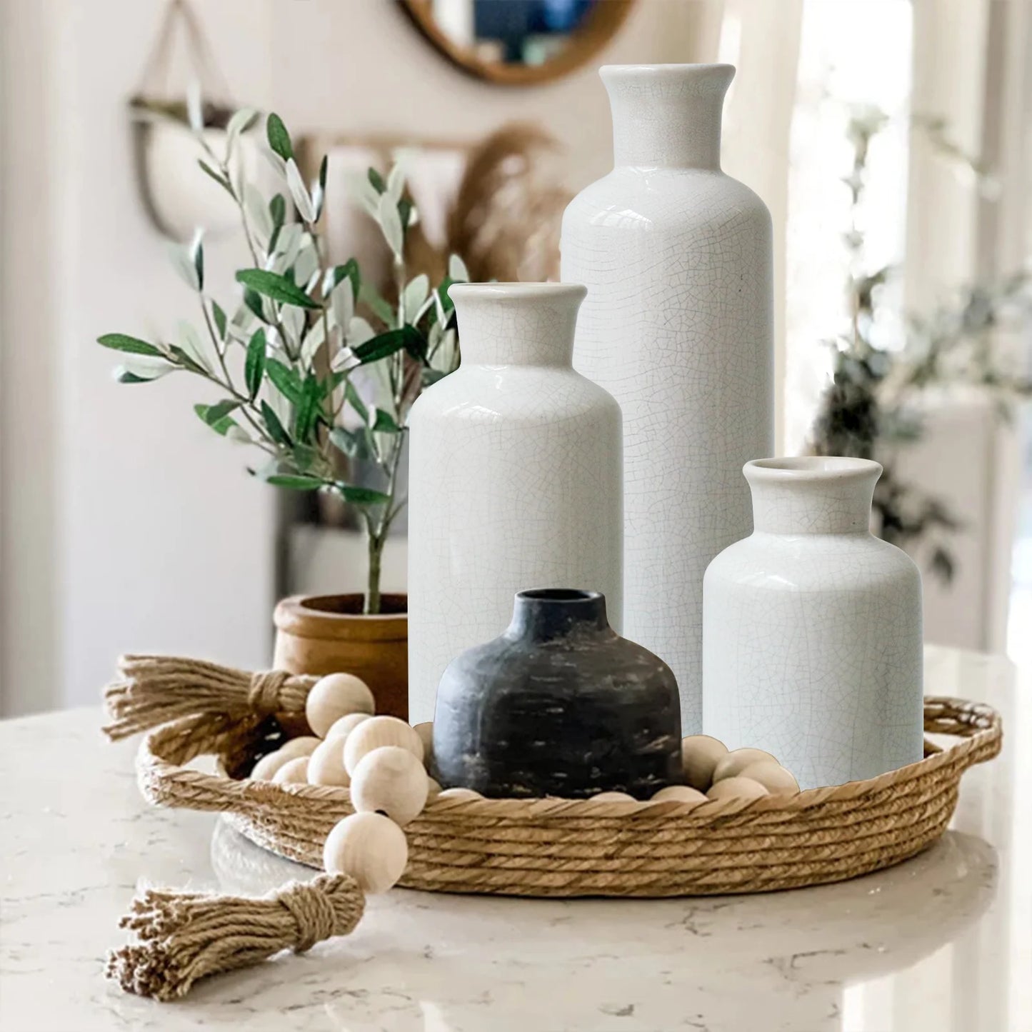 Ceramic Vase for Home Decoration, Set of 3 Large Small Flowers Vase for Floor, Modern Floor Vase for Living Room Decorations, Ideas Table Bookshelf Decor, Black Crack White