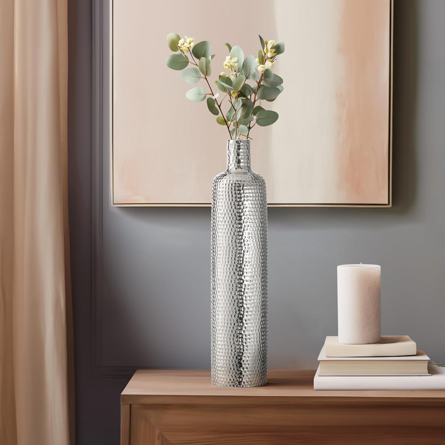 Contemporary Hammered Silver Ceramic Vase 19”