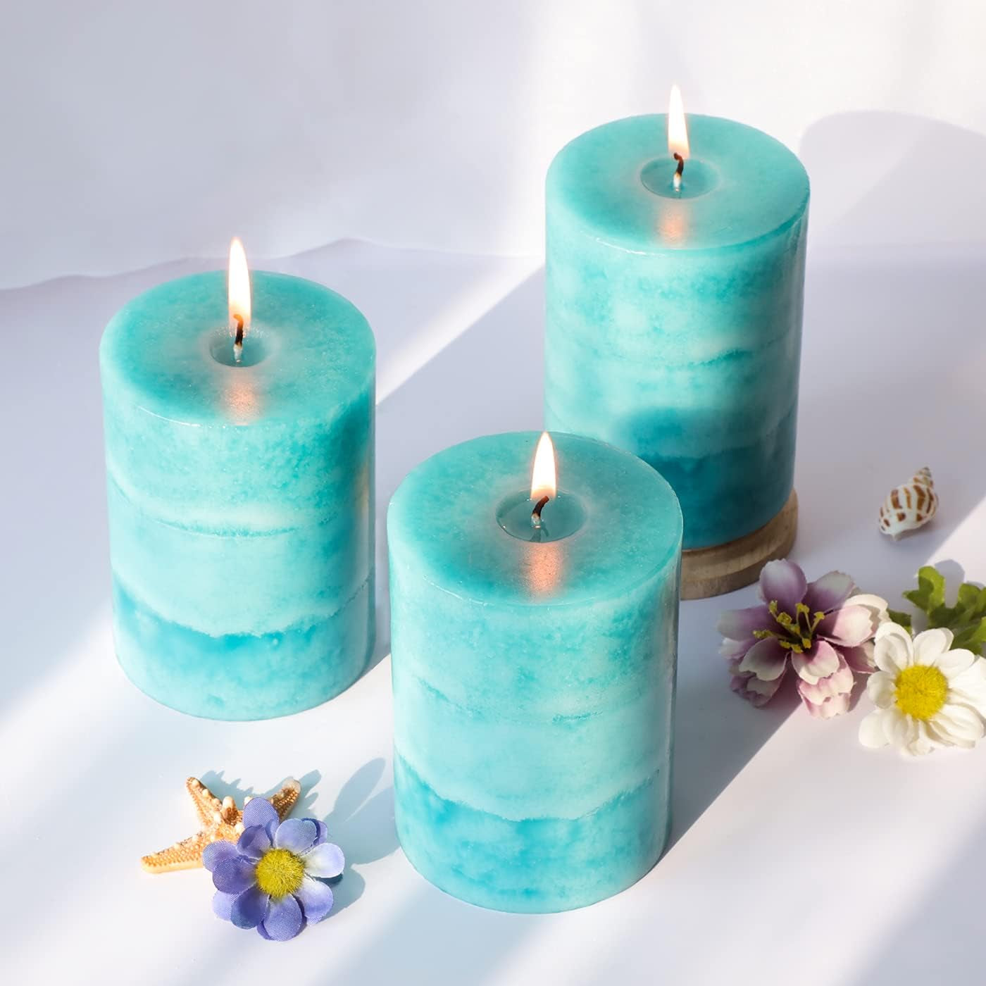 Aqua Green Layered Ocean Breeze Scented Pillar Candles -Set of 3