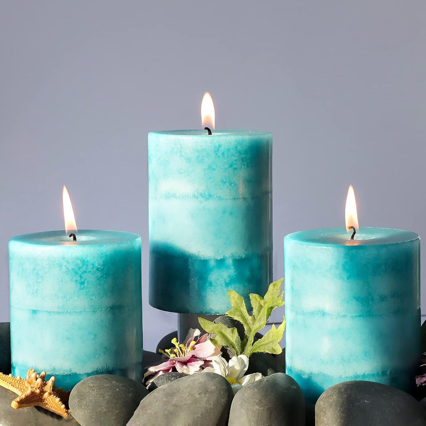 Aqua Green Layered Ocean Breeze Scented Pillar Candles -Set of 3