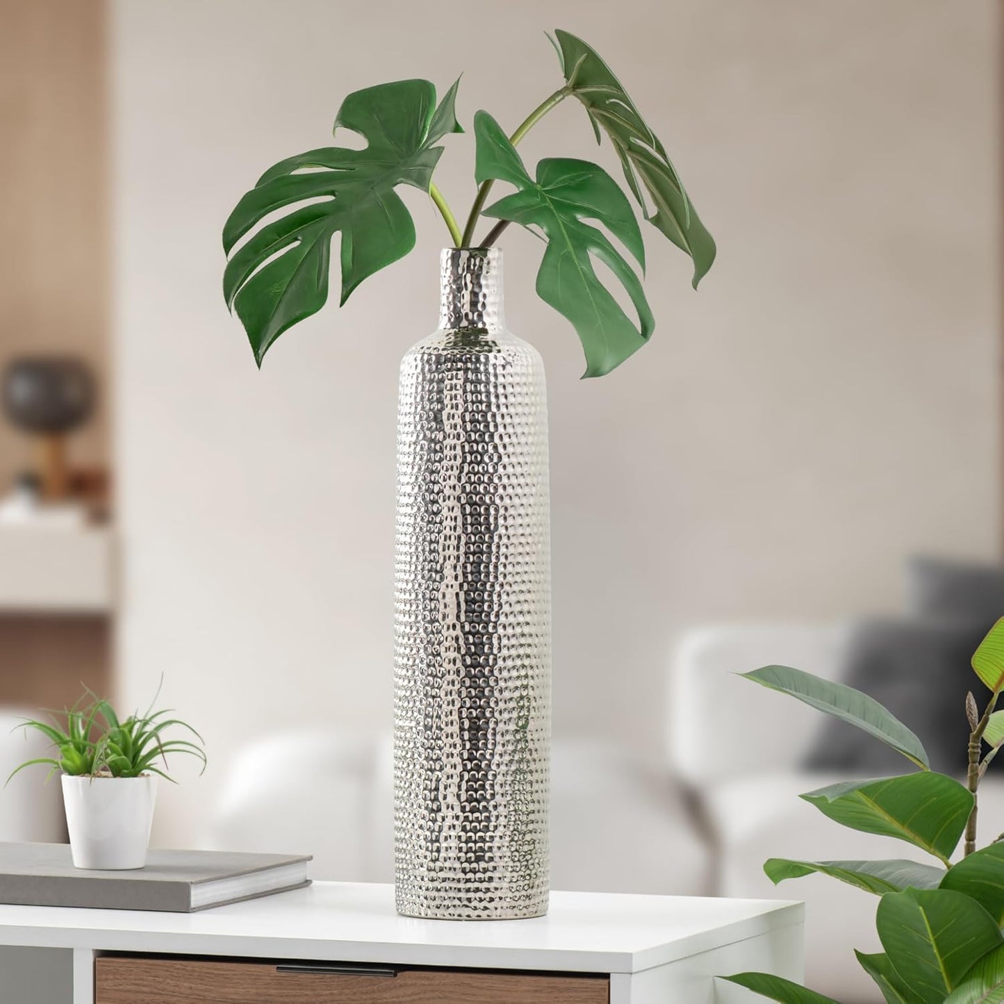 Contemporary Hammered Silver Ceramic Vase 19”