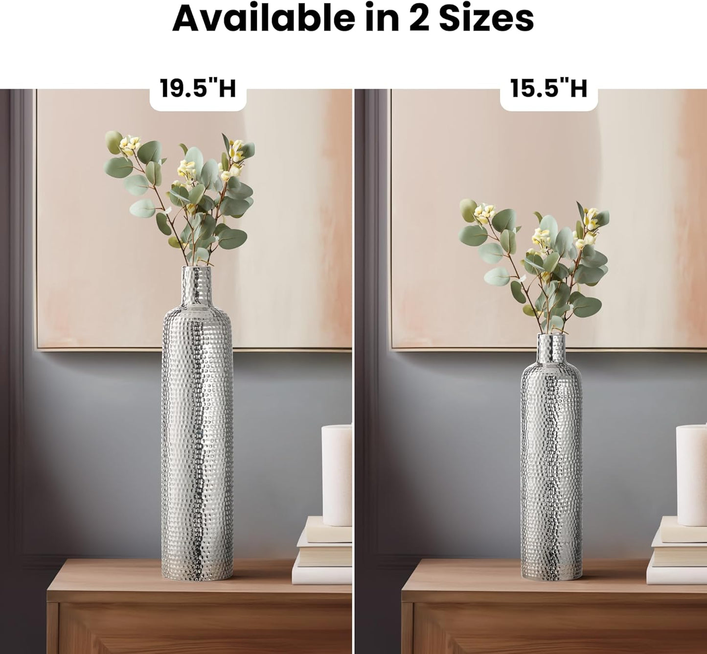 Contemporary Hammered Silver Ceramic Vase 19”
