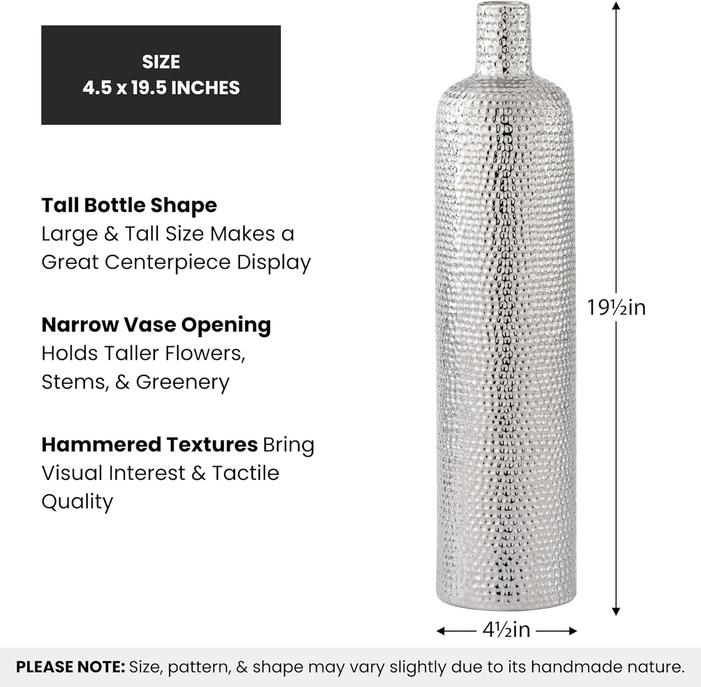 Contemporary Hammered Silver Ceramic Vase 19”