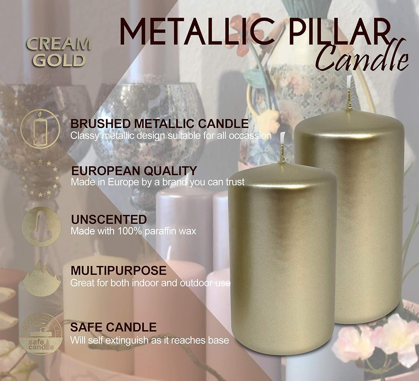 Glam Metallic Cream Gold Pillar Candles - 6 Pack