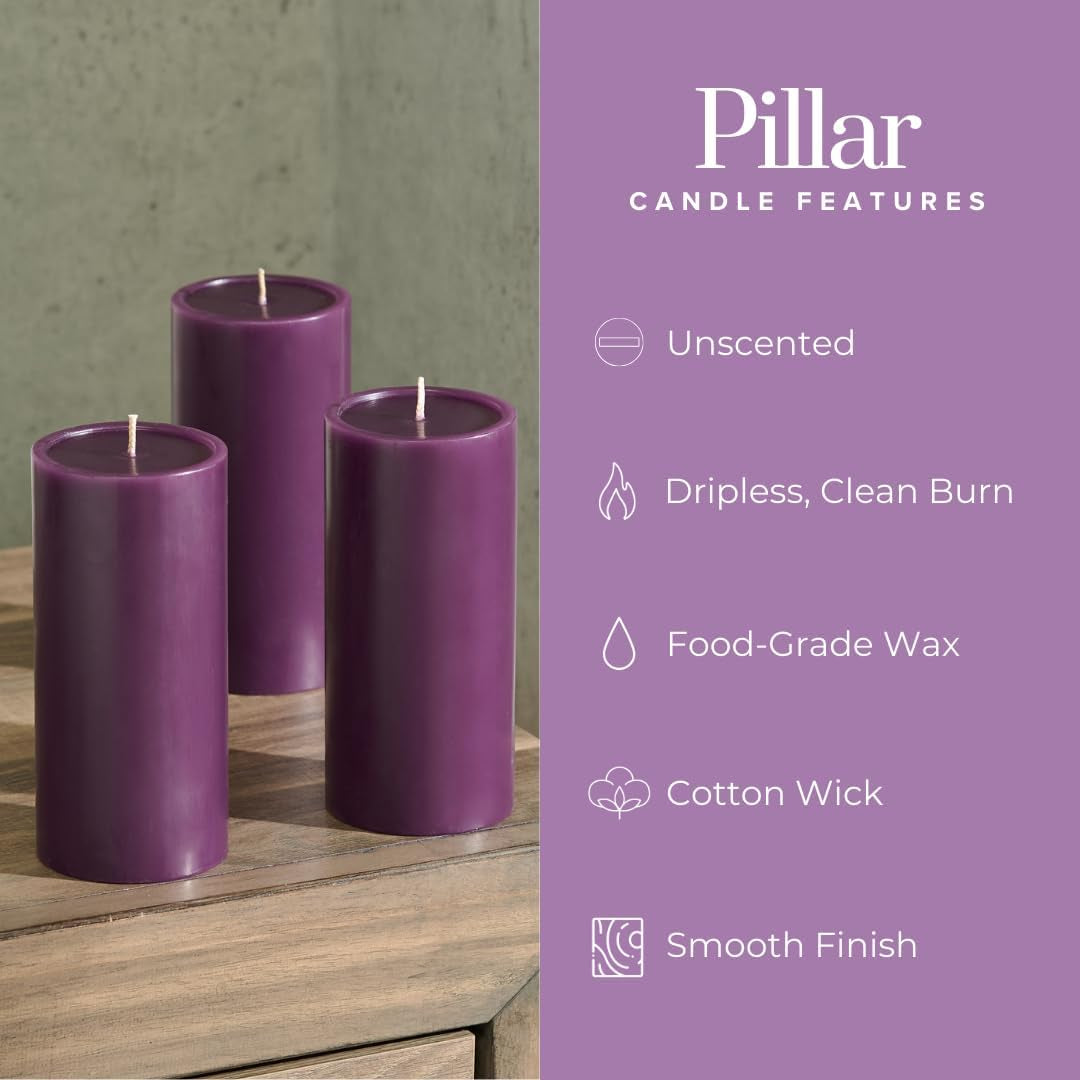 Luxury Smooth Purple Pillar Candles  - Set of 3