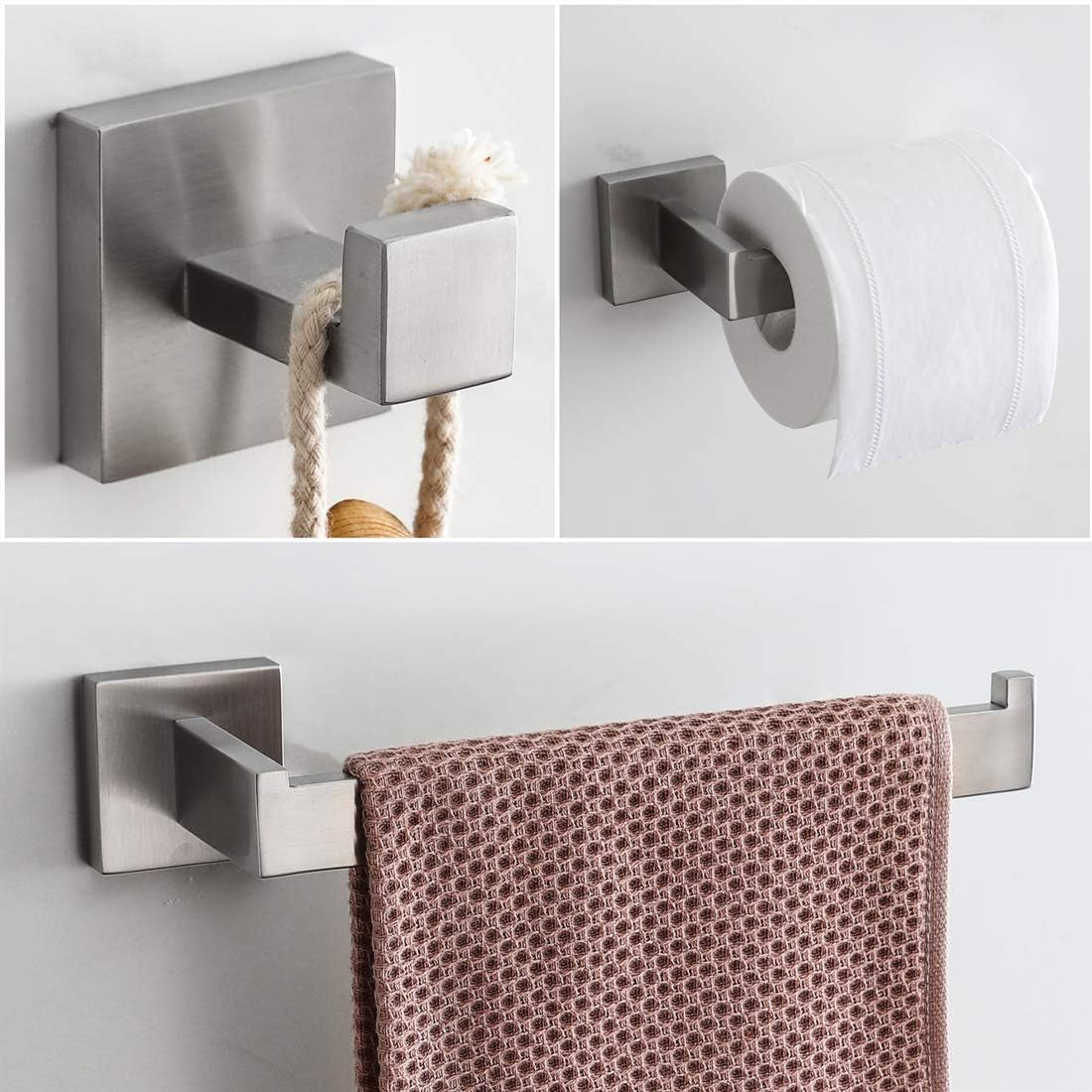 Brushed Stainless Steel Bathroom 3-Piece Set -Includes Toilet Paper Holder, Robe Hook, Towel Ring