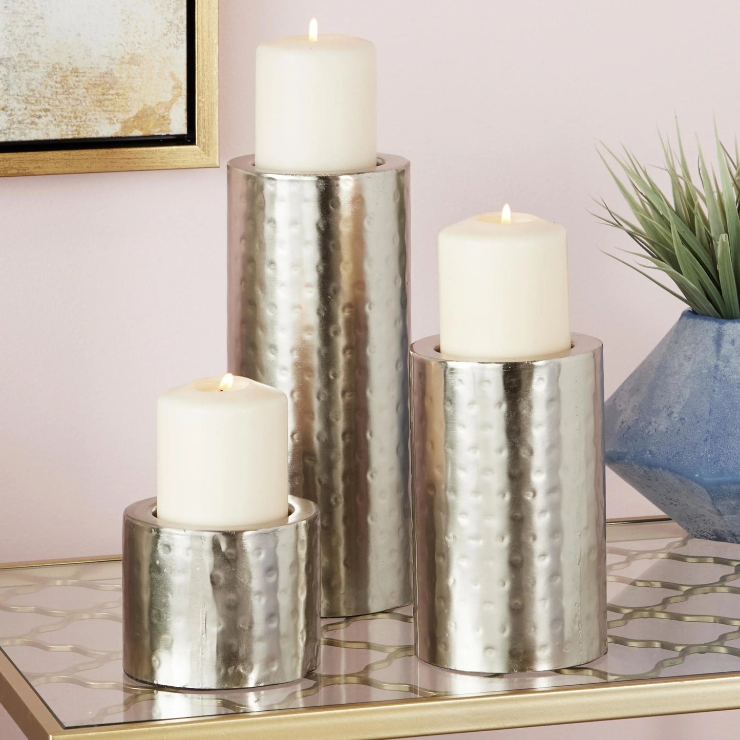 Silver Metal Pillar Candle Holder - Set of 3