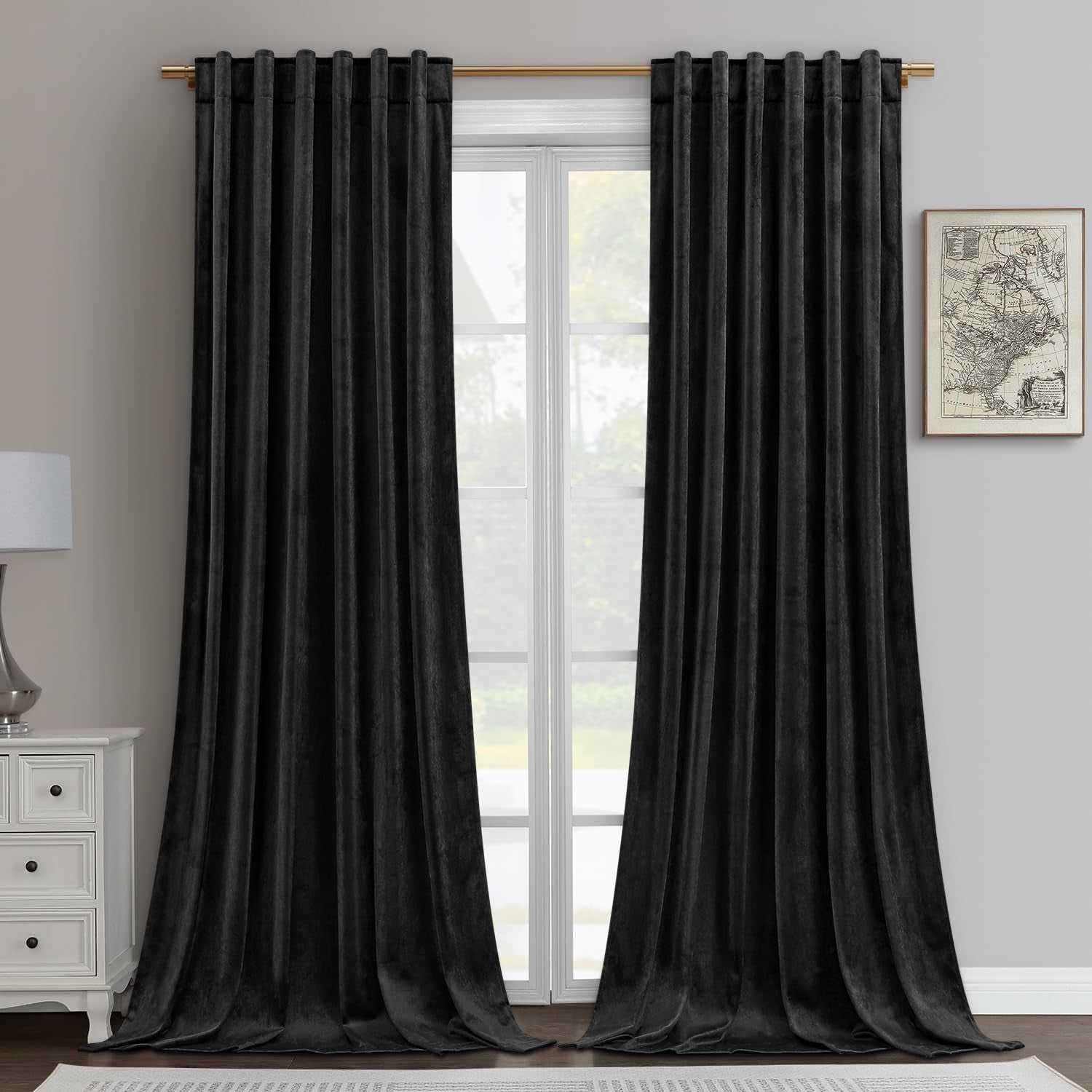 Black Velvet Blackout Curtains - 2 Panels 52 X 108 Inches