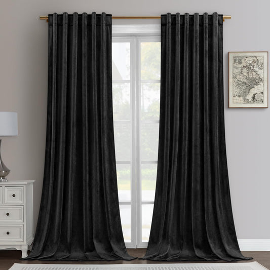 Black Velvet Blackout Curtains - 2 Panels 52 X 108 Inches