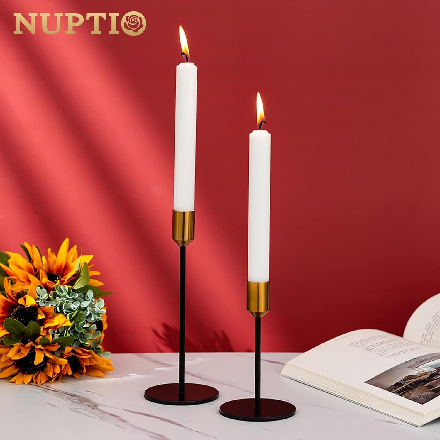 Elegant Brushed Metal Gold & Black Candlestick Holders - Set of 6