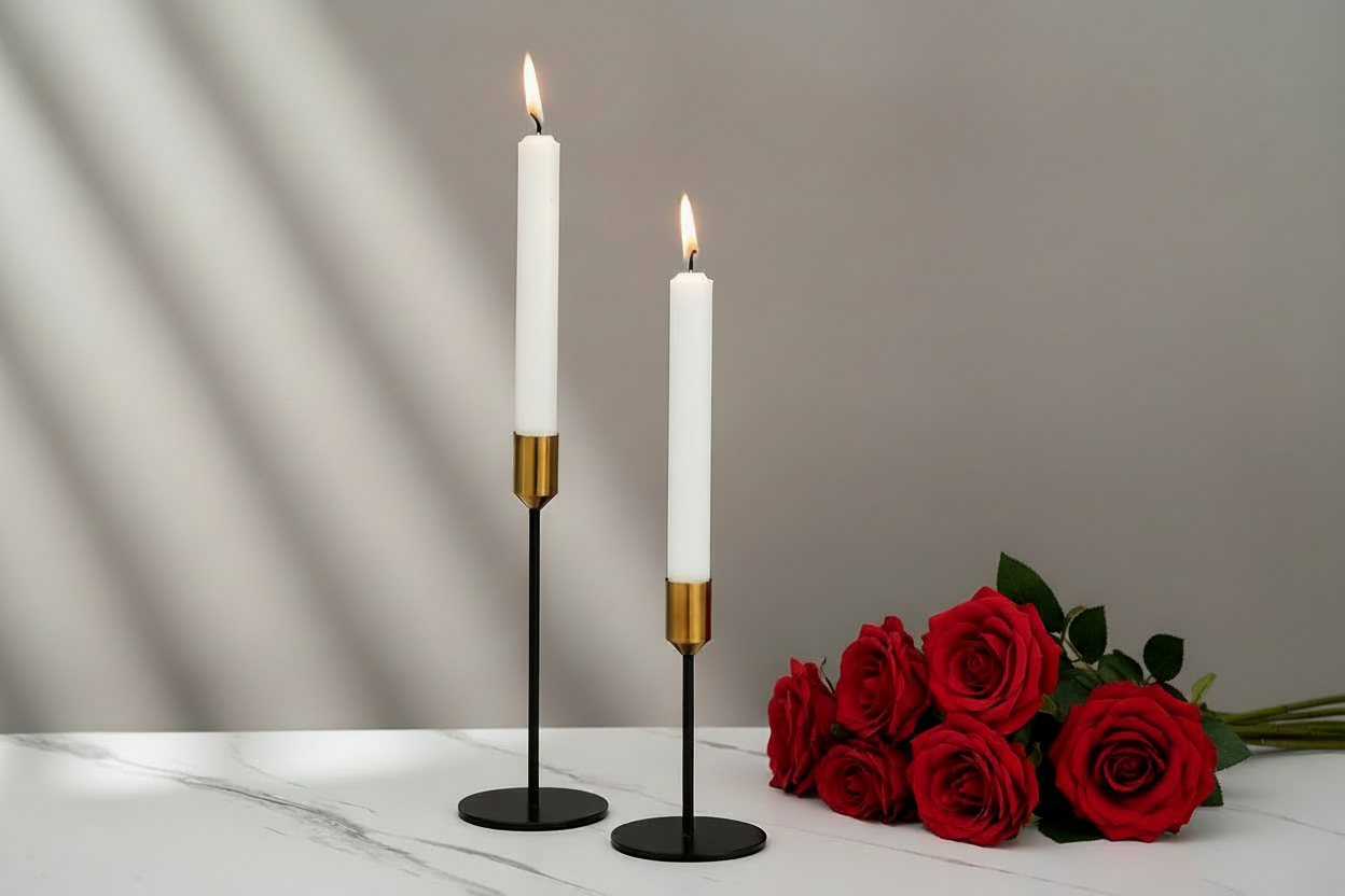 Elegant Brushed Metal Gold & Black Candlestick Holders - Set of 6