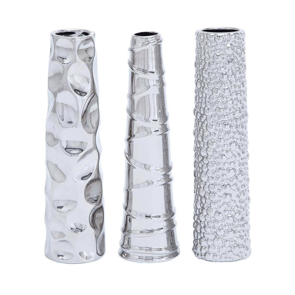 Glam Silver Slim Textured Ceramic Decorative Vases - Set of 3