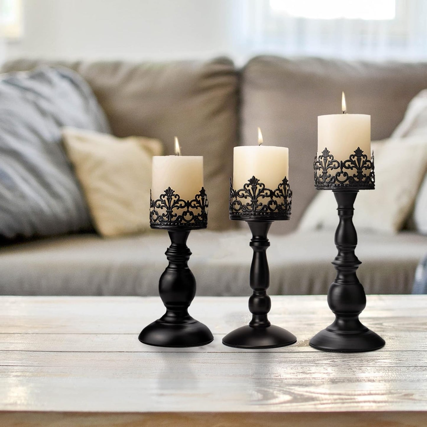 Vintage Matte Black Metal Pillar Candle Holders - Set of 2