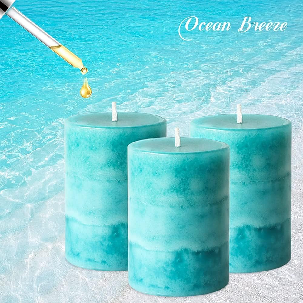 Aqua Green Layered Ocean Breeze Scented Pillar Candles -Set of  3 