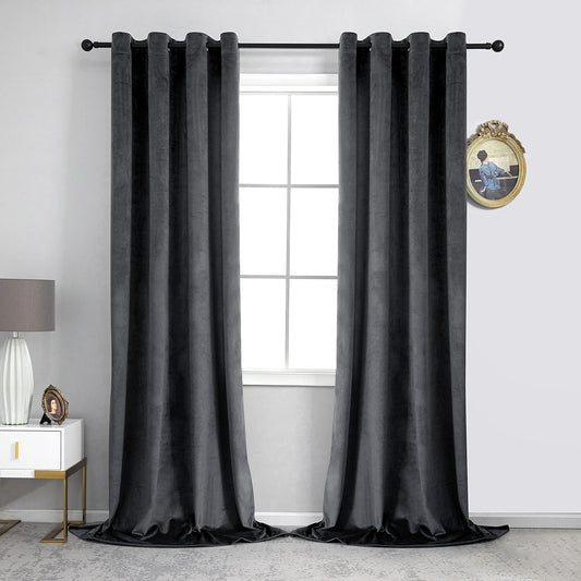 Dark Grey Velvet Curtains - 2 Panels (W52 X L108 Inch)