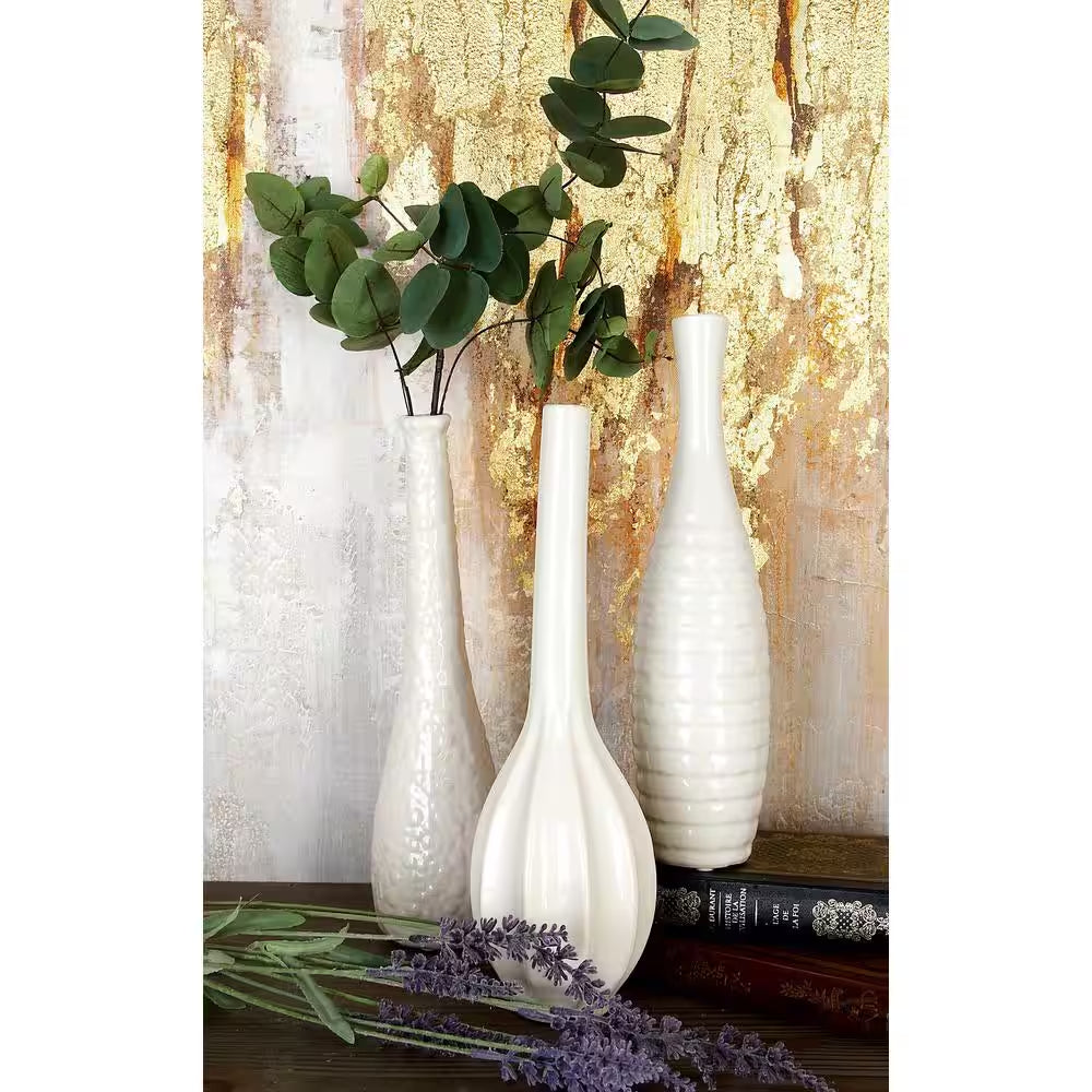 3 In., 12 In. White Slim Textured Bottleneck Ceramic Decorative Vase with Varying Patterns (Set of 3)