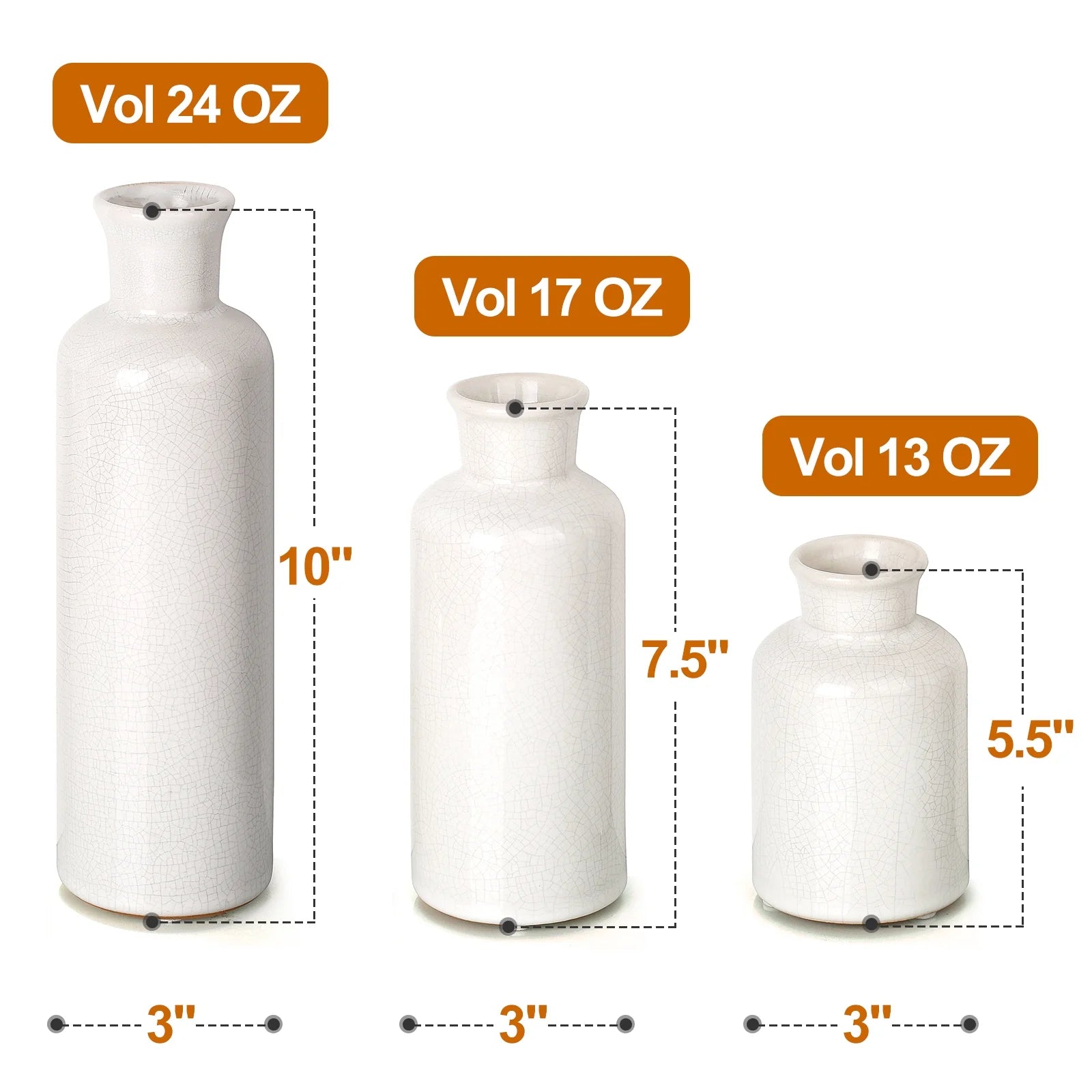 Ceramic Vase for Home Decoration, Set of 3 Large Small Flowers Vase for Floor, Modern Floor Vase for Living Room Decorations, Ideas Table Bookshelf Decor, Black Crack White