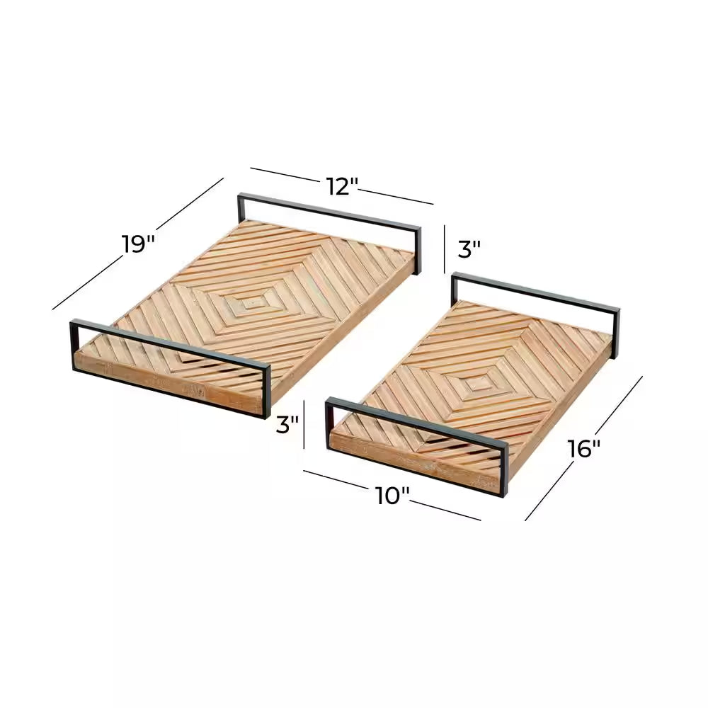 Wood Diamond Pattern Decorative Tray with Black Handles -  (Set of 2)