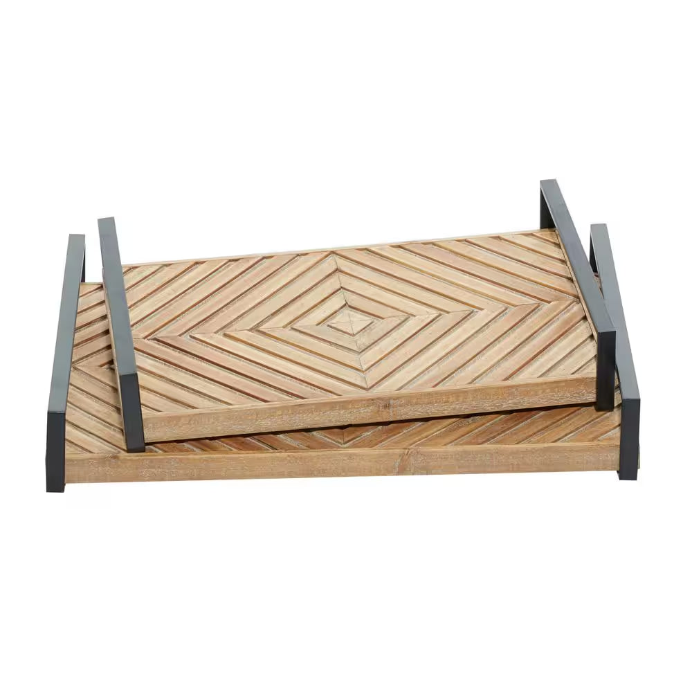 Wood Diamond Pattern Decorative Tray with Black Handles -  (Set of 2)