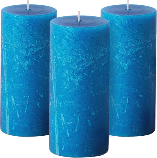 Rustic Steel Blue Pillar Candles -Set of 3