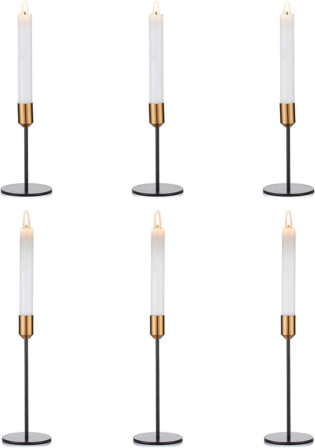 Elegant Brushed Metal Gold & Black Candlestick Holders - Set of 6