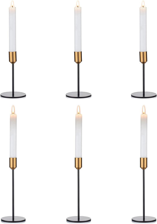 Elegant Brushed Metal Gold & Black Candlestick Holders - Set of 6