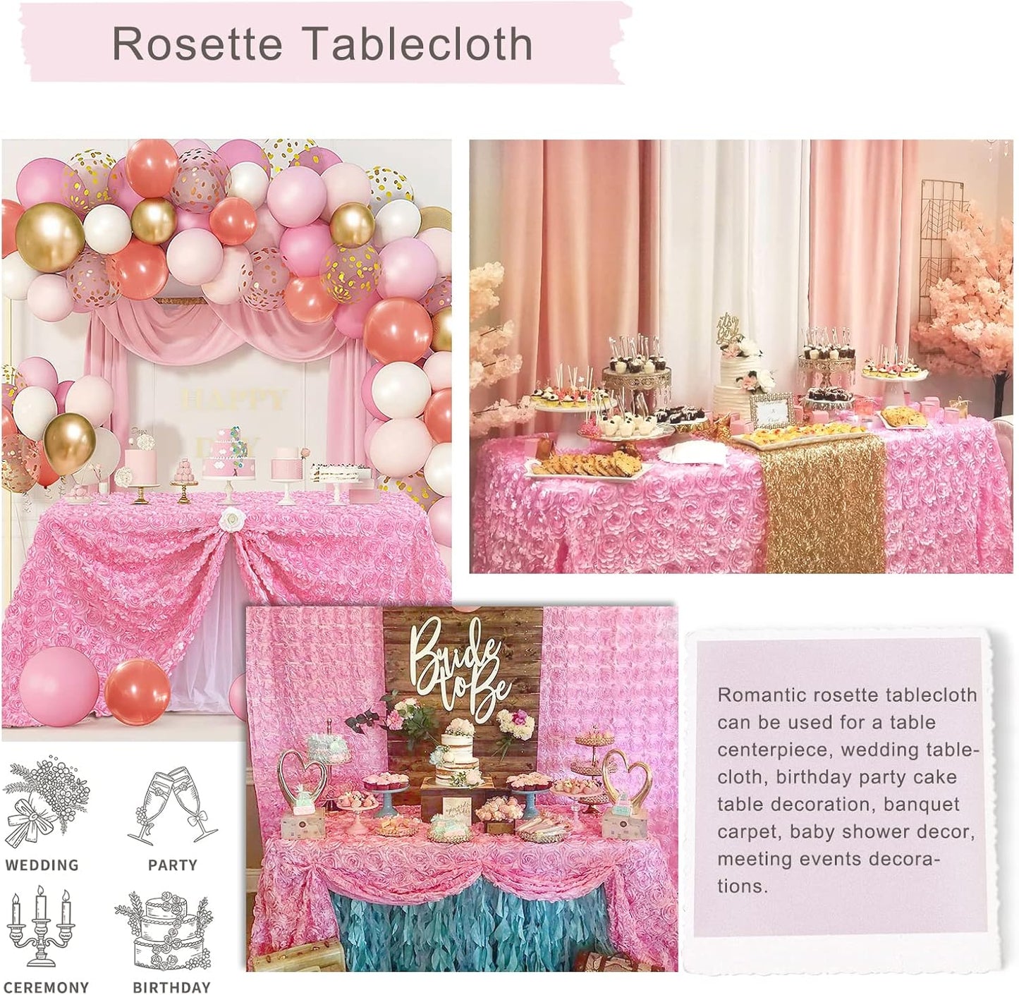 Satin Pink Rosette Tablecloth - Qty 1 (50X80 Inches)