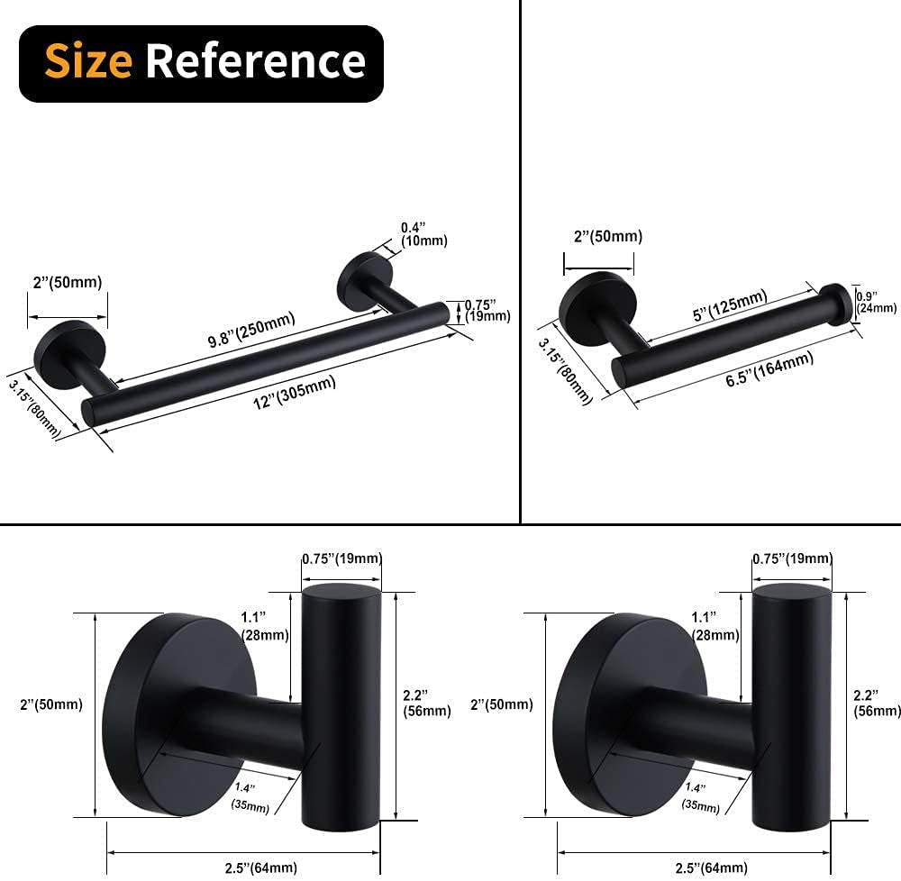 Matte Black Bathroom Accessories Kit 4-Pieces Bathroom Hardware Set SUS 304 Stainless Steel round Wall Mounted - Includes 12" Hand Towel Bar, Toilet Paper Holder, 2X Robe Towel Hooks