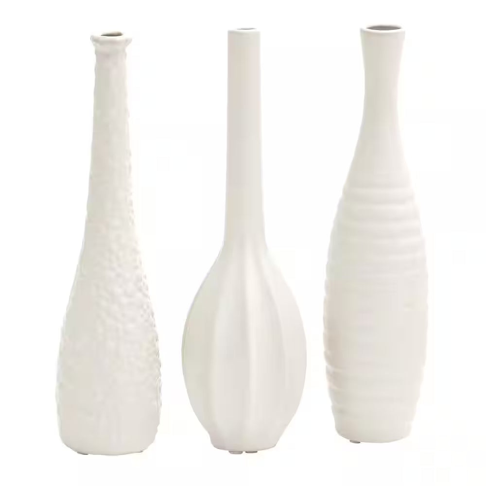 3 In., 12 In. White Slim Textured Bottleneck Ceramic Decorative Vase with Varying Patterns (Set of 3)