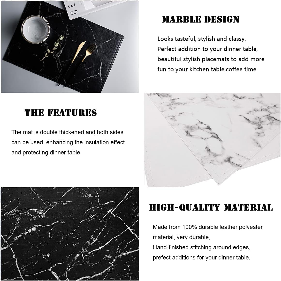 Marble Leather Placemats for Dining Table Waterproof Set of 4 Marble Decor for Kitchen Table Easy to Clean PU Place Mats for Dinning,Office