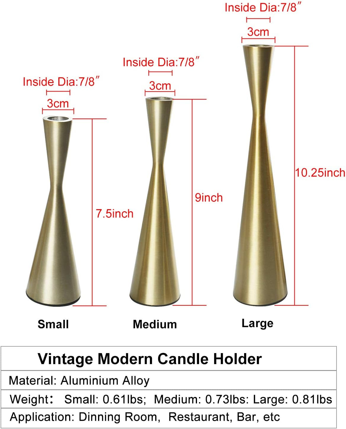 Elegant Brushed Golden Brass Candlestick Holders - Set of 3 