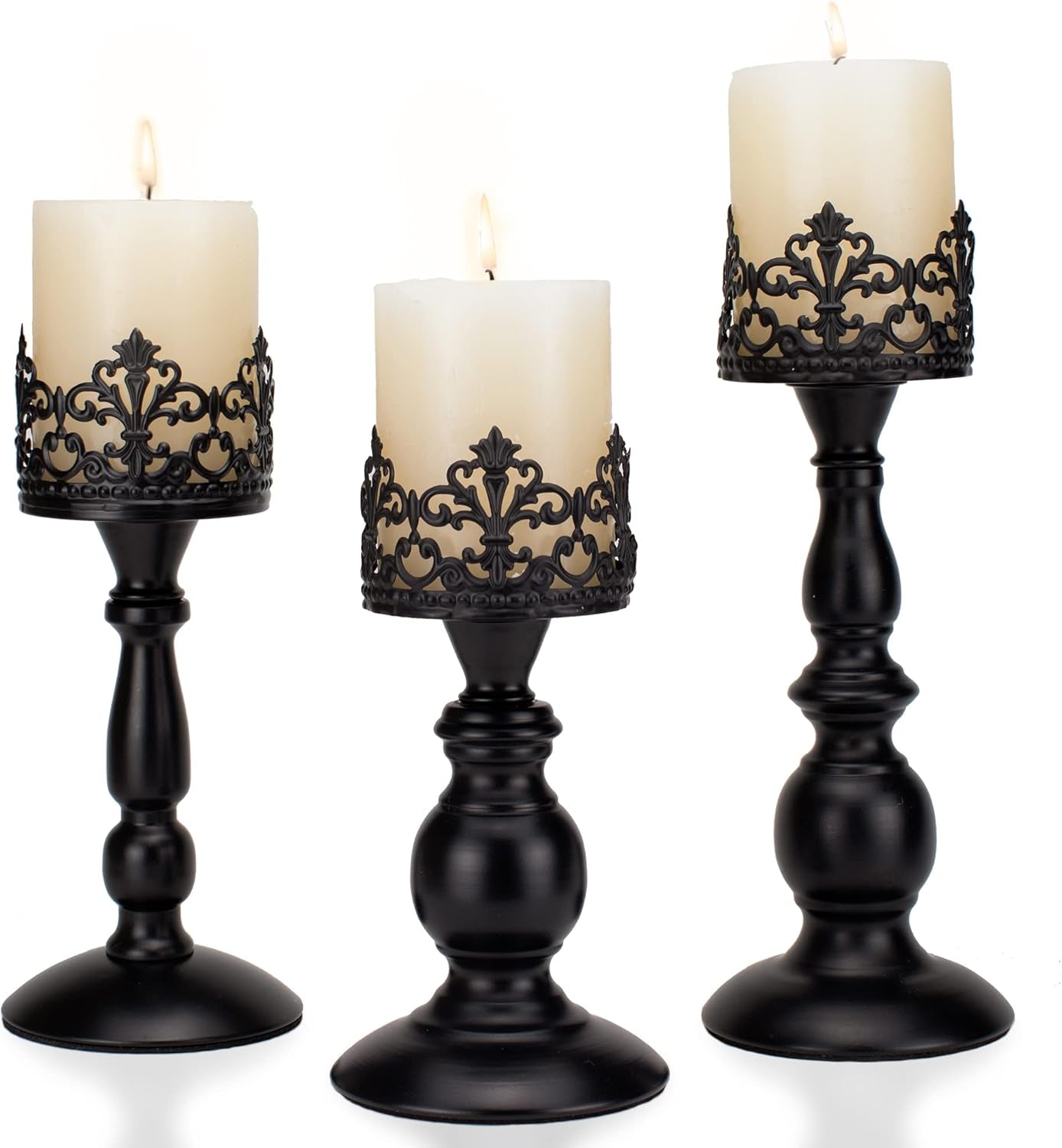 Vintage Matte Black Metal Pillar Candle Holders - Set of 2