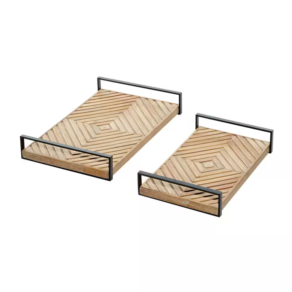 Wood Diamond Pattern Decorative Tray with Black Handles -  (Set of 2)