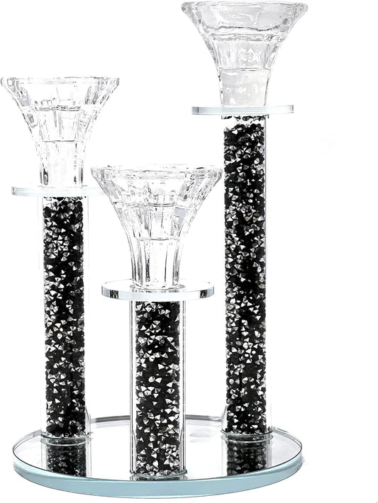 Elegant Crystal 3-Pillar Filled with Black Diamond like Stone Candlestick Holder