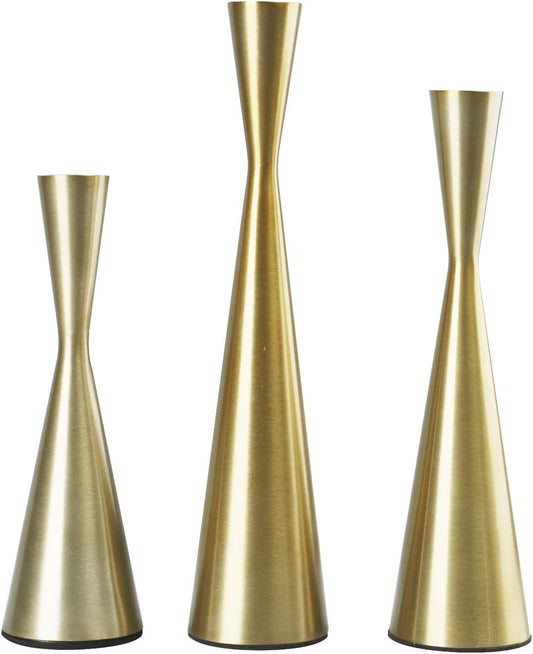 Elegant Brushed Golden Brass Candlestick Holders - Set of 3 