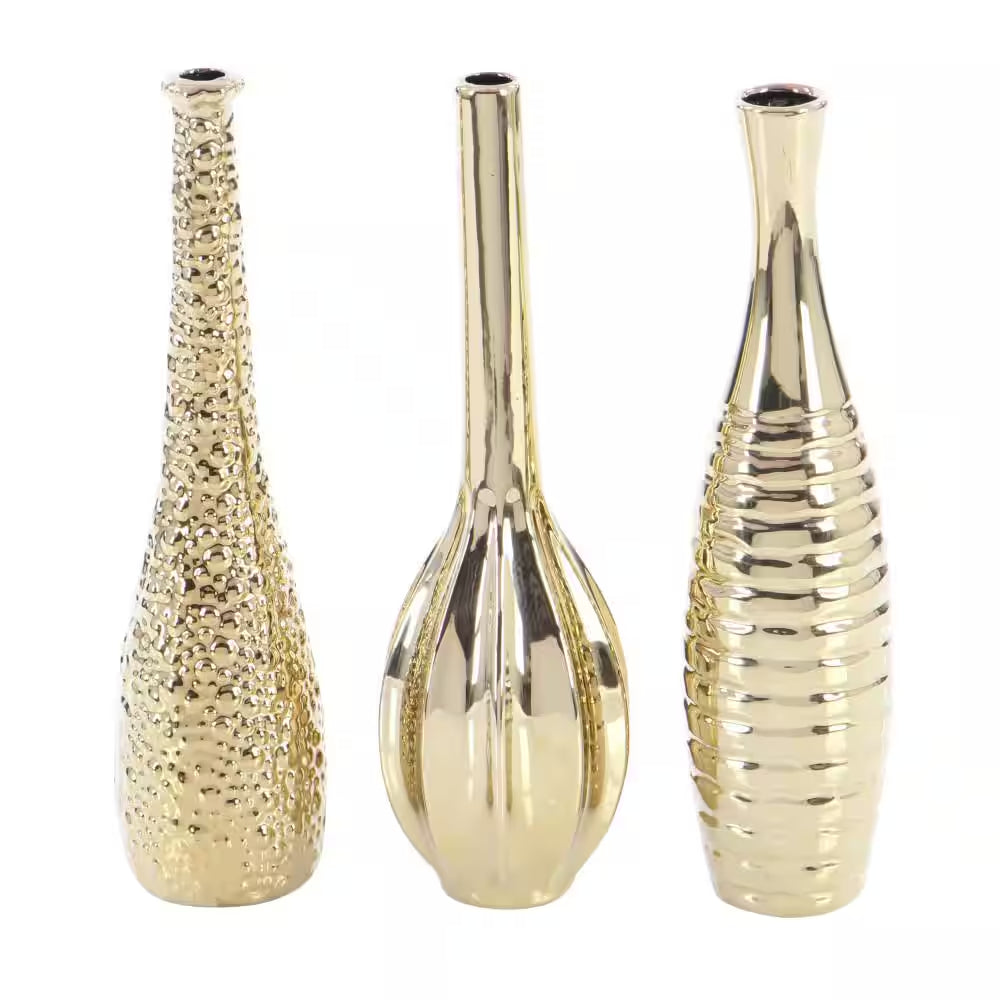 4 In., 12 In. Gold Slim Textured Bottleneck Ceramic Decorative Vase with Varying Patterns (Set of 3)