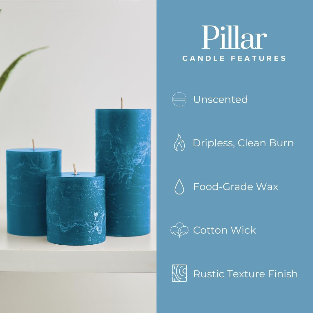 Rustic Steel Blue Pillar Candles -Set of 3