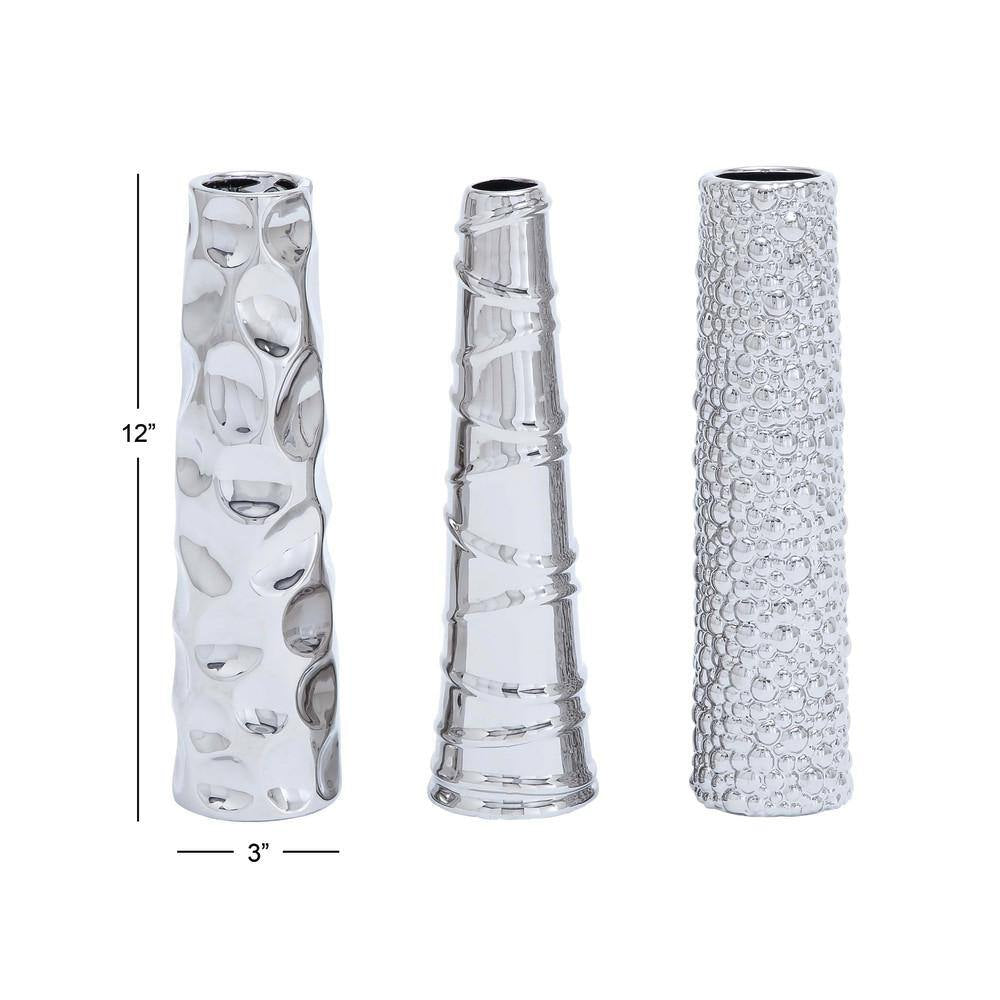 Glam Silver Slim Textured Ceramic Decorative Vases - Set of 3