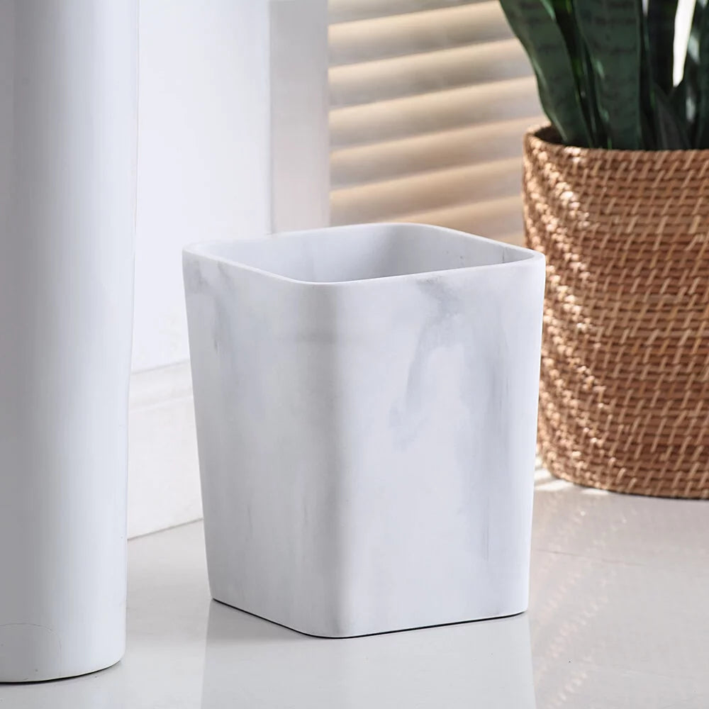 Faux Marble Wastebasket, White