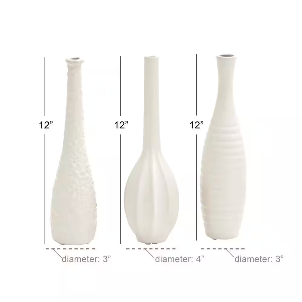 3 In., 12 In. White Slim Textured Bottleneck Ceramic Decorative Vase with Varying Patterns (Set of 3)