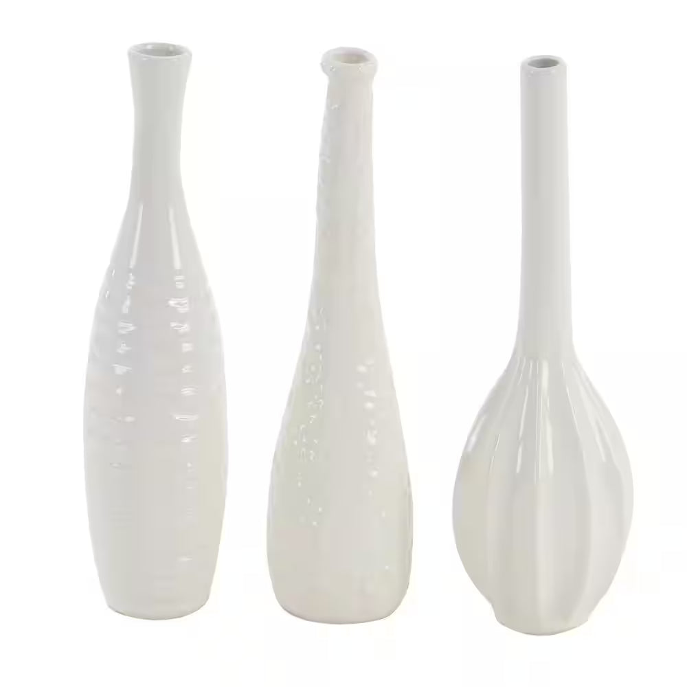 3 In., 12 In. White Slim Textured Bottleneck Ceramic Decorative Vase with Varying Patterns (Set of 3)