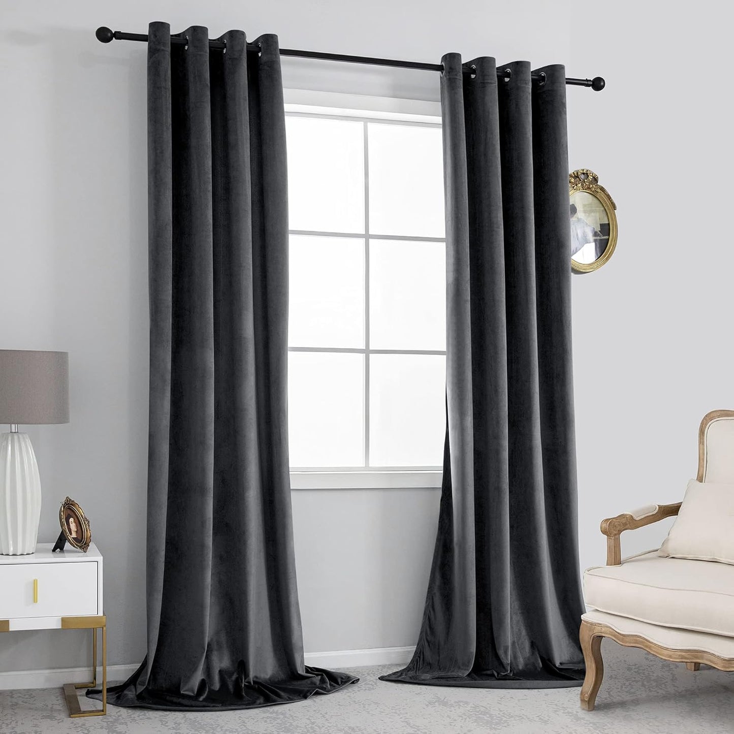 Dark Grey Velvet Curtains - 2 Panels (W52 X L108 Inch)