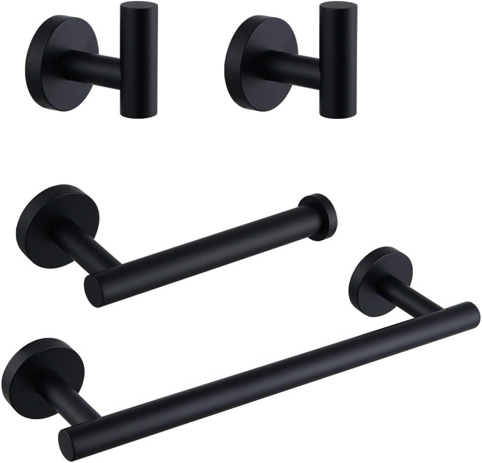 Matte Black Bathroom Accessories Kit 4-Pieces Bathroom Hardware Set SUS 304 Stainless Steel round Wall Mounted - Includes 12" Hand Towel Bar, Toilet Paper Holder, 2X Robe Towel Hooks