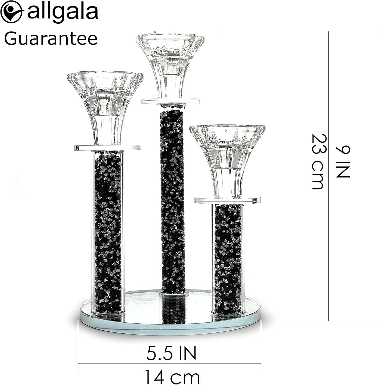 Elegant Crystal 3-Pillar Filled with Black Diamond like Stone Candlestick Holder