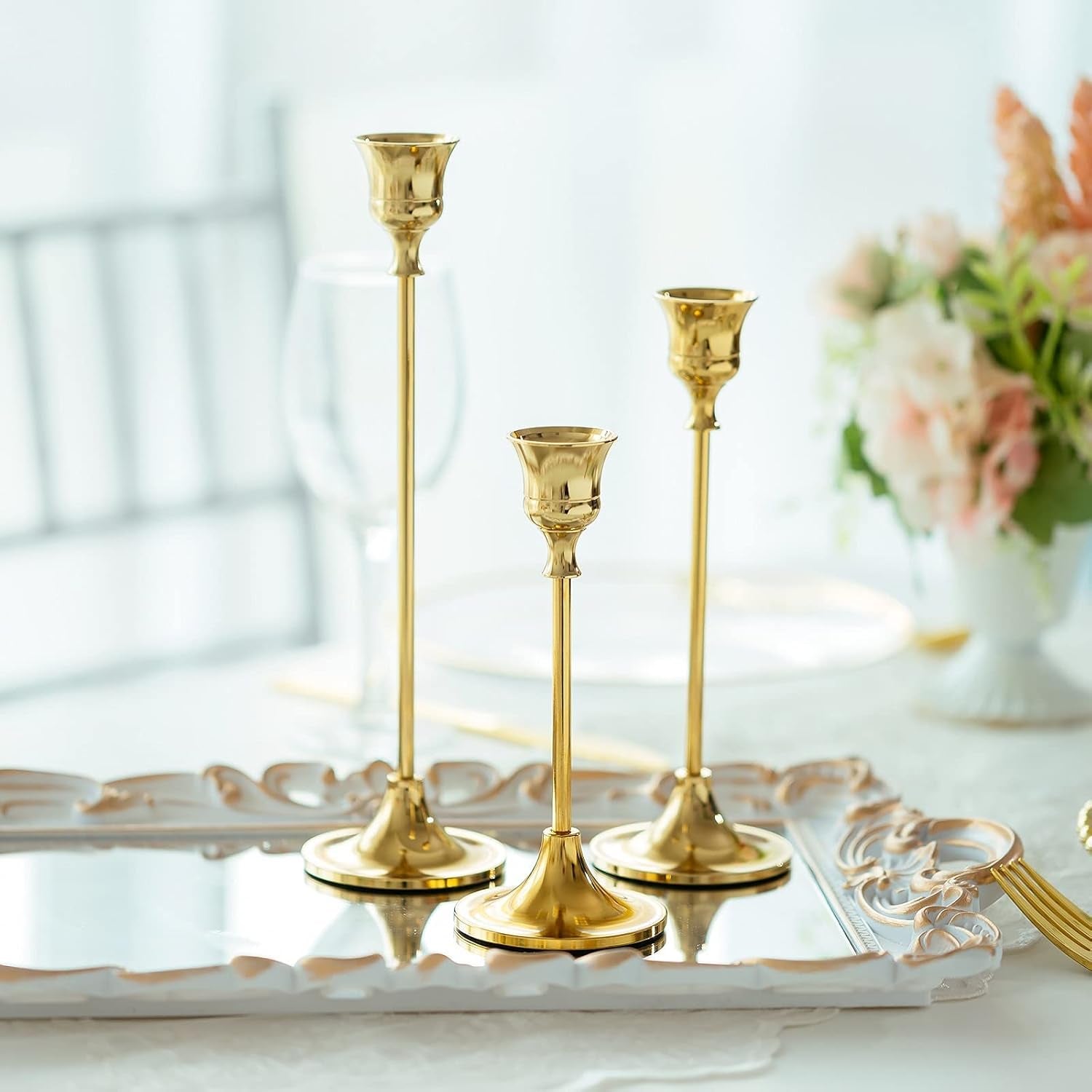 Candlestick Holder Gold Set of 3: Decorative Candle Holders for Taper Candle for Home Wedding Decor