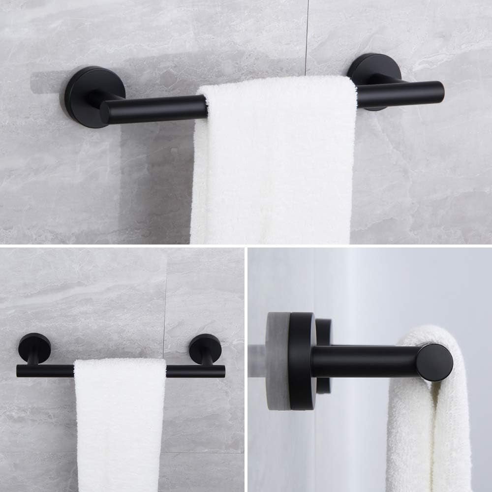 Matte Black Bathroom Accessories Kit 4-Pieces Bathroom Hardware Set SUS 304 Stainless Steel round Wall Mounted - Includes 12" Hand Towel Bar, Toilet Paper Holder, 2X Robe Towel Hooks